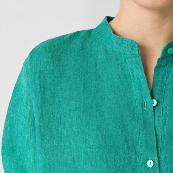 EILEEN FISHER Washed Organic Linen Delave Shirt Dress Long Sleeve Green - Picture 2 of 15